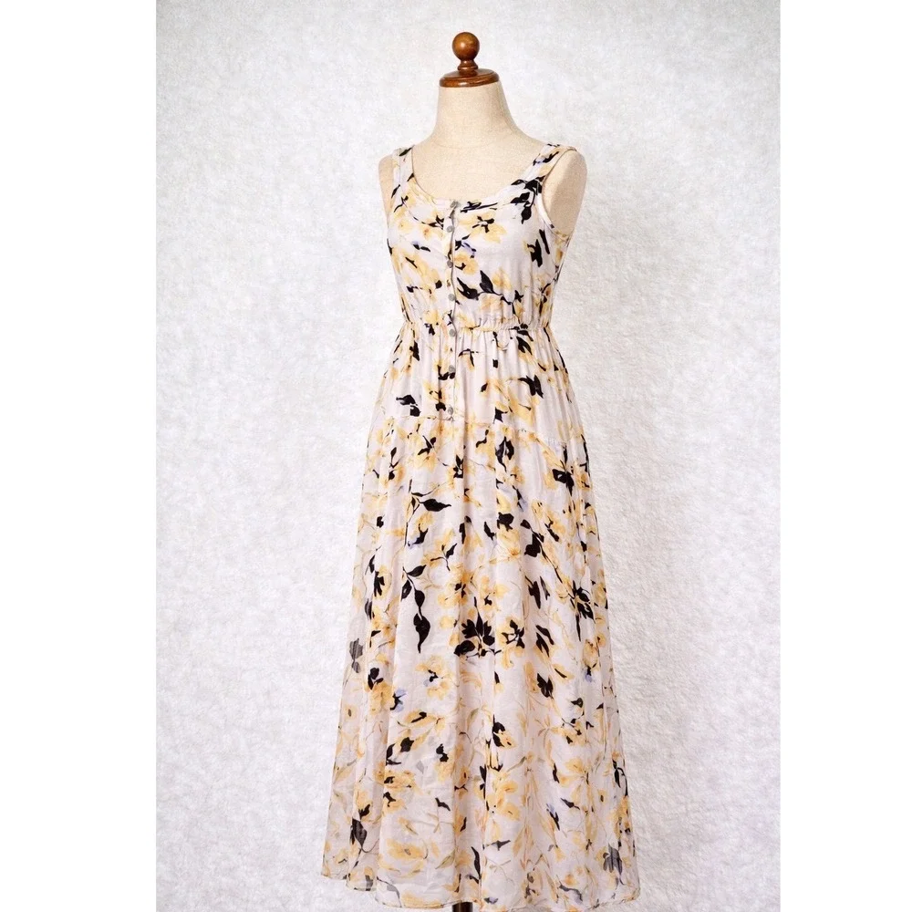 O'Neill Women Floral Twist Back Cutout Maxi Dress Yellow Lavender Black Medium‎